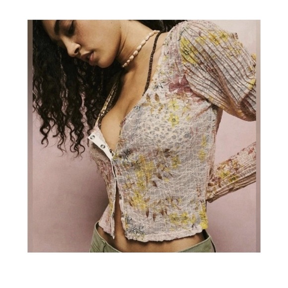 Free People We The Free Angelina Top Long Sleeve Sheer Lace Floral Cropped Top S - Picture 5 of 13
